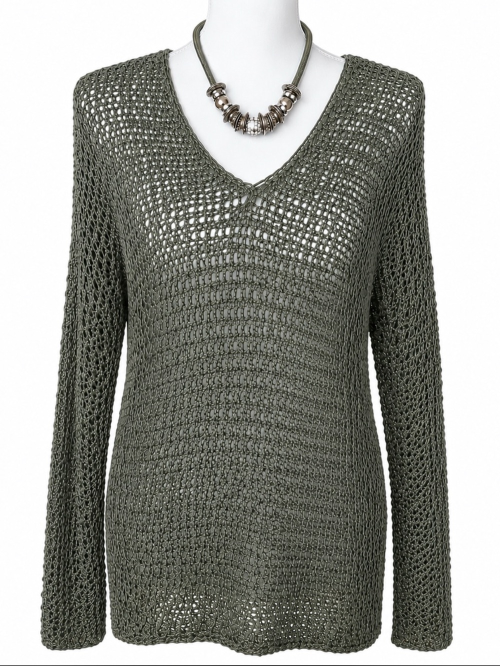 EILEEN FISHER Bronze Shimmer Open Knit V-Neck Pullover Sweater M